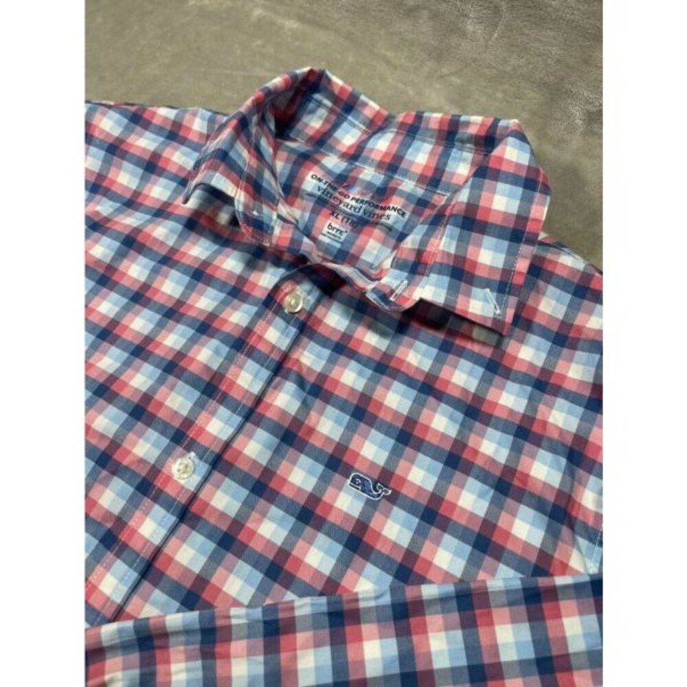 Vineyard Vines On The Go Performance Button Down Shirt Boys XL Plaid Red Blue